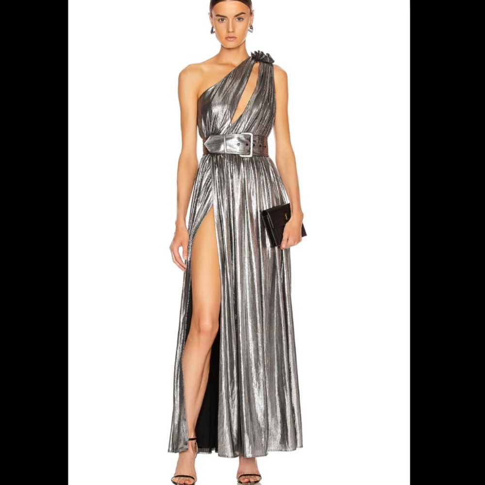 Retrofete Andrea Gown WITH BELT in Gunmetal Silver Maxi Formal Dress Small